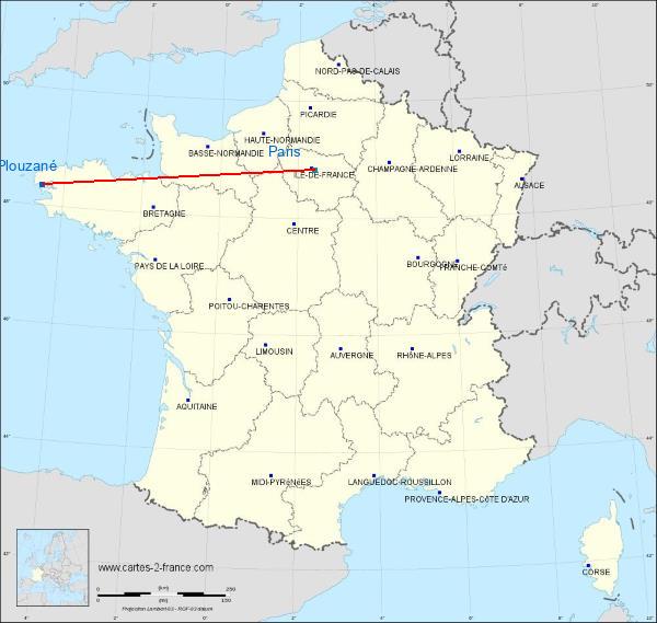 Distance Plouzané Paris sur la carte de France