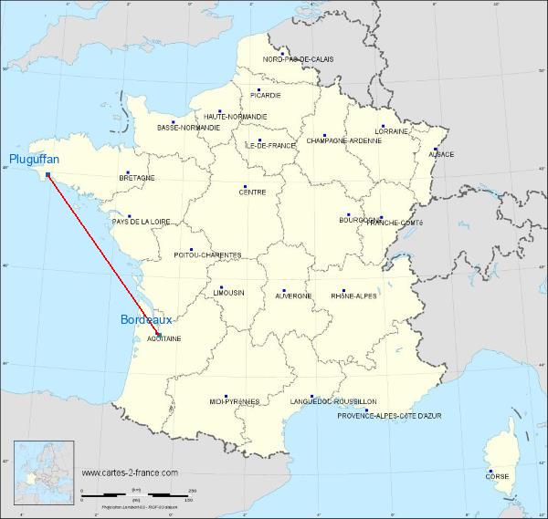 Distance Quimper-Pluguffan Bordeaux sur la carte de France