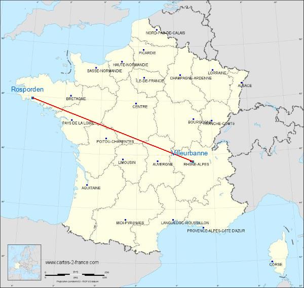 Distance Rosporden Villeurbanne sur la carte de France