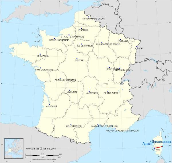 Distance Ajaccio Ghisonaccia Alzitone Airport sur la carte de France