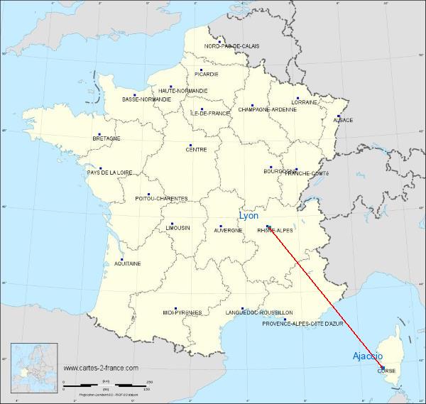 Distance Ajaccio Lyon sur la carte de France