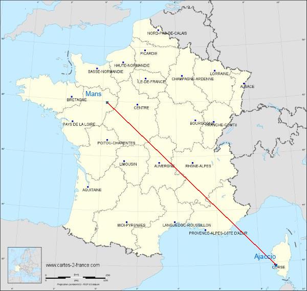 Distance Ajaccio Le Mans sur la carte de France
