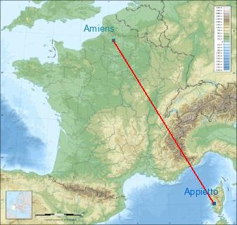 Distance entre de Appietto et Amiens sur la carte de France