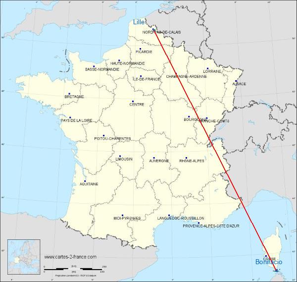 Distance Bonifacio Lille sur la carte de France