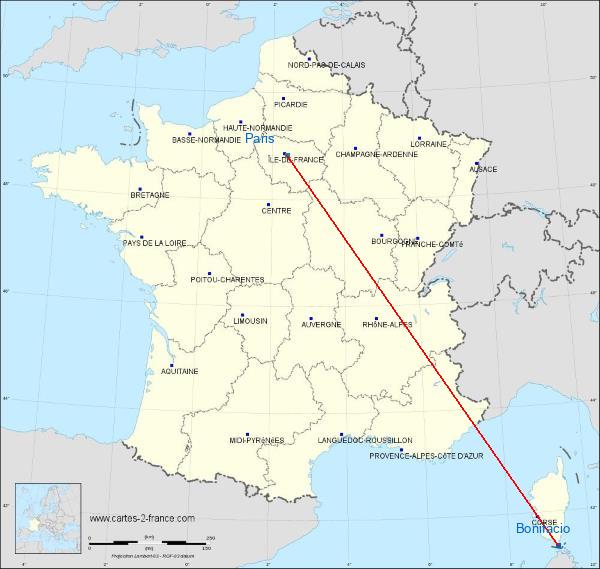 Distance Bonifacio Paris sur la carte de France