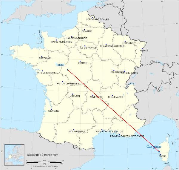 Distance Cargèse Tours sur la carte de France