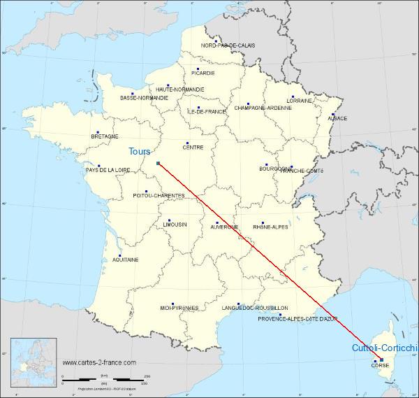 Distance Cuttoli-Corticchiato Tours sur la carte de France