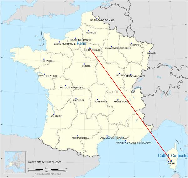 Distance Cuttoli-Corticchiato Paris sur la carte de France