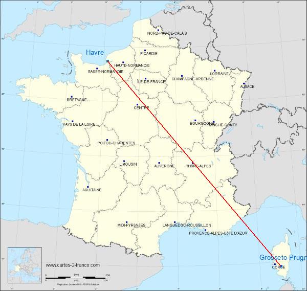 Distance Grosseto-Prugna Le Havre sur la carte de France