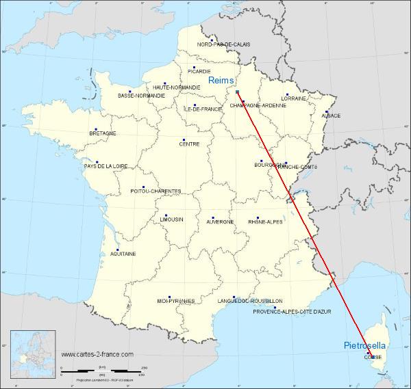 Distance Pietrosella Reims sur la carte de France