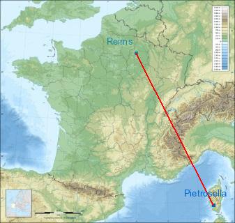 Distance entre de Pietrosella et Reims sur la carte de France