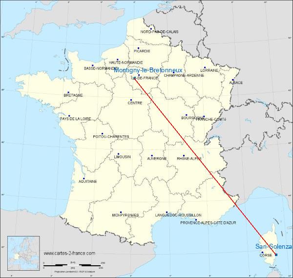 Distance Sari-Solenzara Saint-Quentin-en-Yvelines sur la carte de France