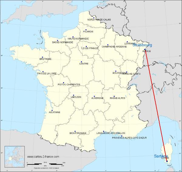 Distance Sartène Strasbourg sur la carte de France