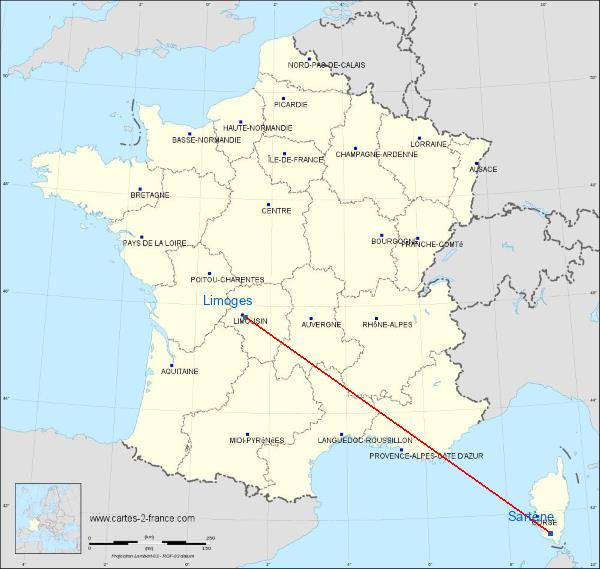 Distance Casa di Roccapina Limoges sur la carte de France