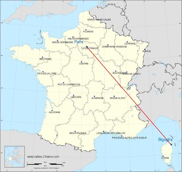 Distance Biguglia Paris sur la carte de France