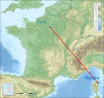 Distance entre de Biguglia et Paris sur la carte de France