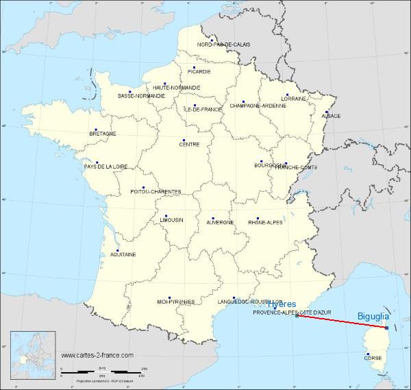 Distance Biguglia Hyères sur la carte de France