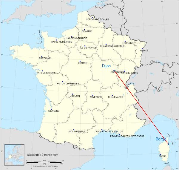 Distance Borgo Dijon sur la carte de France