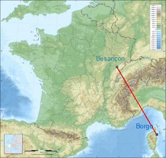Distance entre de Borgo et Besançon sur la carte de France
