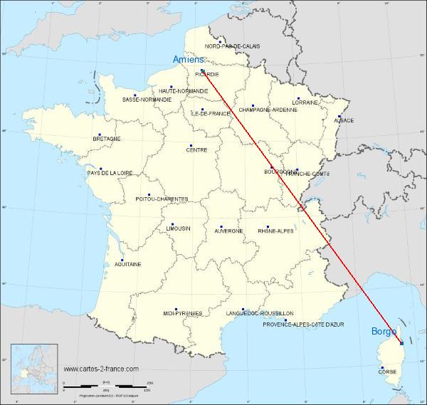 Distance Borgo Amiens sur la carte de France
