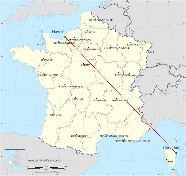 Distance Cervione Le Havre sur la carte de France