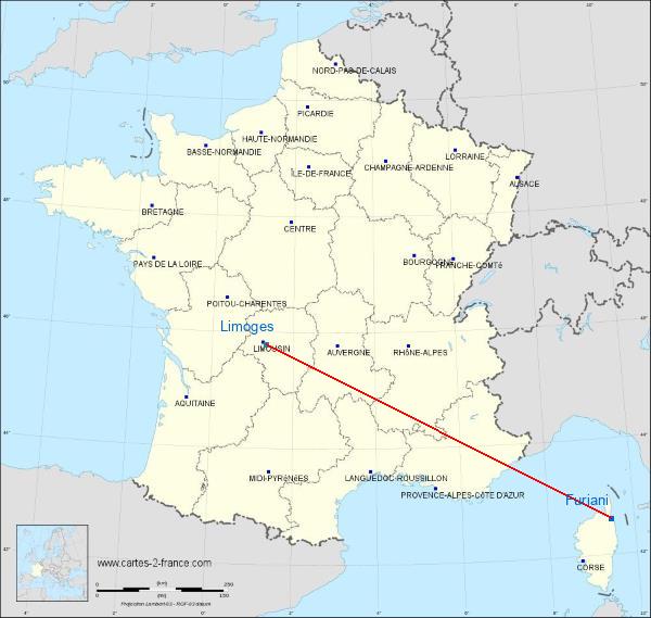 Distance Furiani Limoges sur la carte de France
