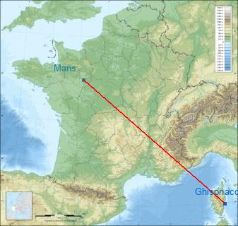 Distance entre de Ghisonaccia et Le Mans sur la carte de France