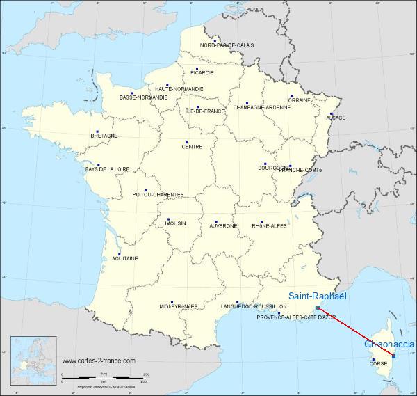 Distance Ghisonaccia Alzitone Airport Saint-Raphaël sur la carte de France