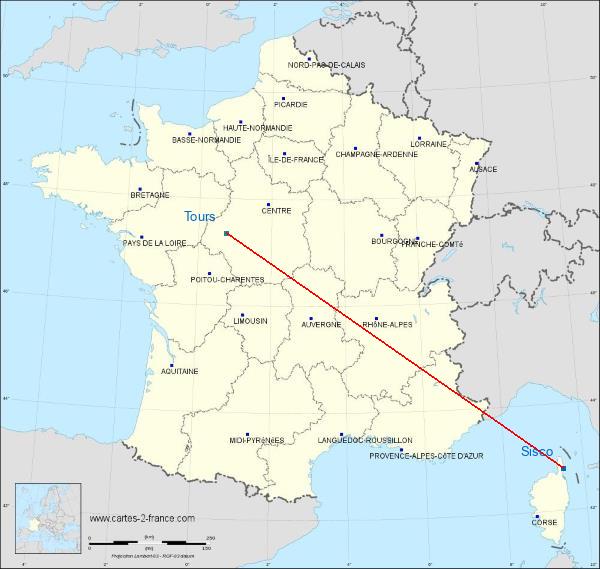 Distance Sisco Tours sur la carte de France