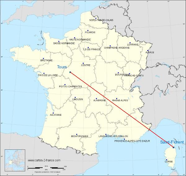 Distance Saint-Florent Tours sur la carte de France