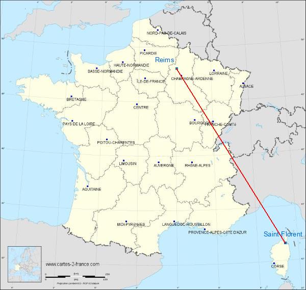 Distance Saint-Florent Reims sur la carte de France