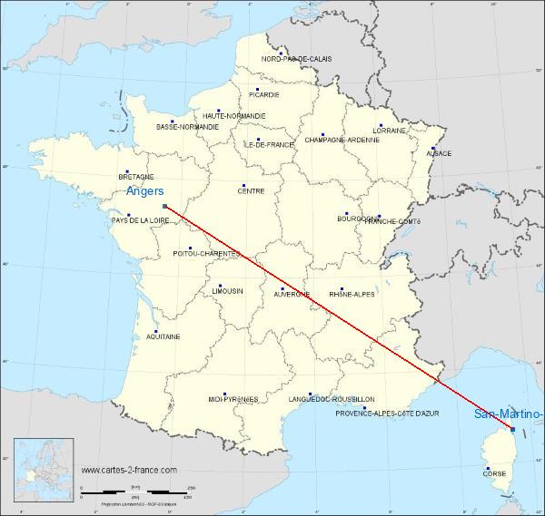 Distance Pietranera Angers sur la carte de France