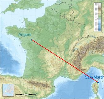 Distance entre de Pietranera et Angers sur la carte de France