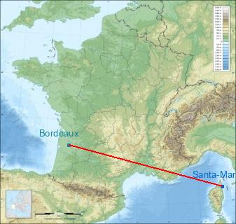 Distance entre de Santa-Maria-di-Lota et Bordeaux sur la carte de France