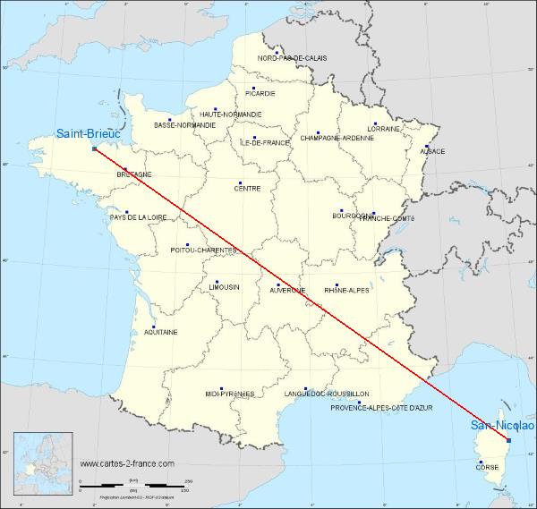 Distance San-Nicolao Saint-Brieuc sur la carte de France