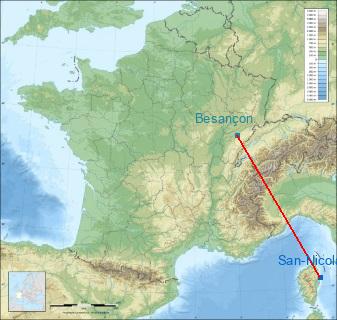 Distance entre de San-Nicolao et Besançon sur la carte de France