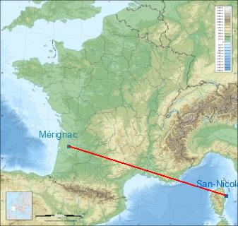 Distance entre de San-Nicolao et Mérignac sur la carte de France