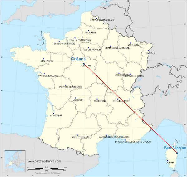 Distance San-Nicolao Orléans sur la carte de France