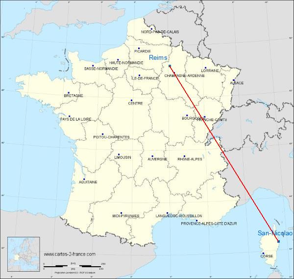 Distance San-Nicolao Reims sur la carte de France