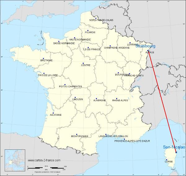Distance San-Nicolao Strasbourg sur la carte de France