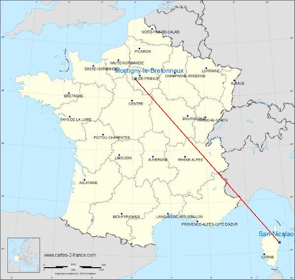 Distance San-Nicolao Saint-Quentin-en-Yvelines sur la carte de France