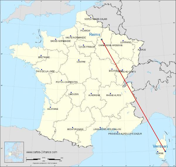 Distance Ventiseri Reims sur la carte de France