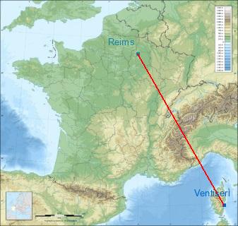 Distance entre de Ventiseri et Reims sur la carte de France