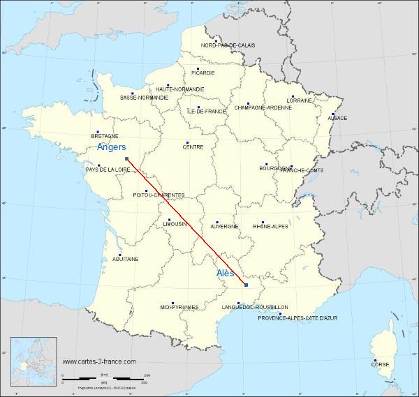 Distance Alès Angers sur la carte de France
