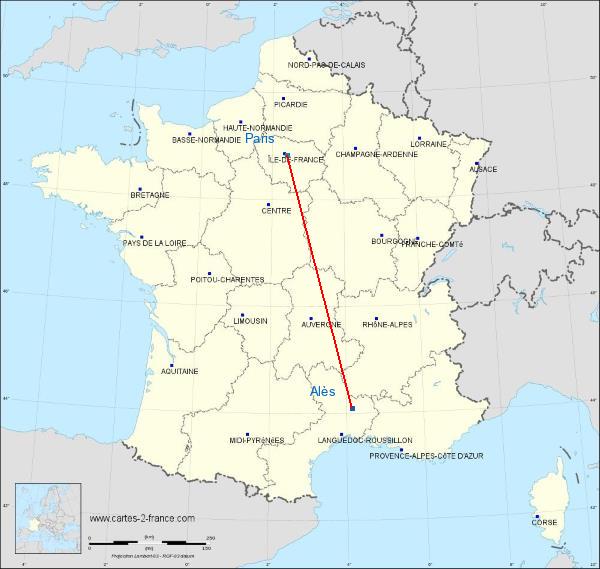 Distance Alès Paris sur la carte de France