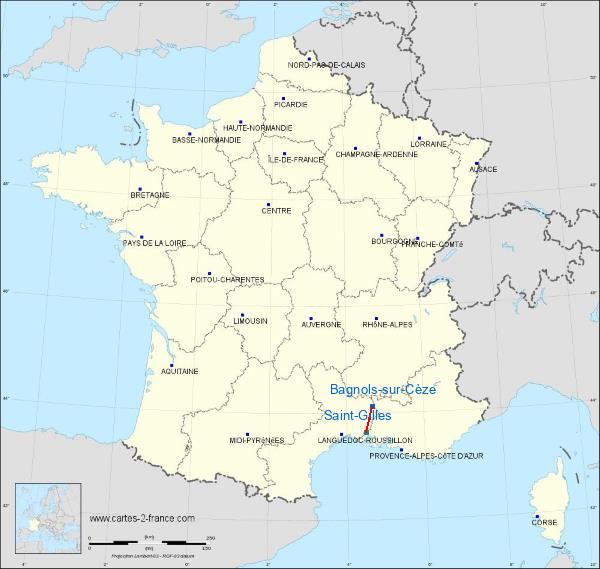Distance Bagnols-sur-Cèze Nîmes-Alès-Camargue-Cévennes Airport sur la carte de France