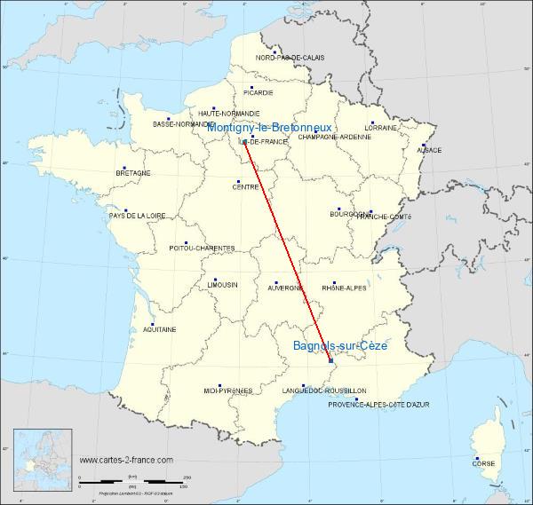 Distance Bagnols-sur-Cèze Saint-Quentin-en-Yvelines sur la carte de France