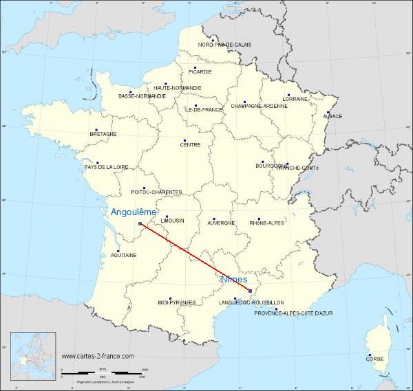 Distance Nîmes Angoulême sur la carte de France