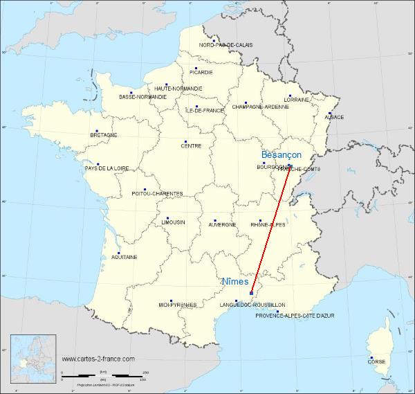 Distance Nîmes Besançon sur la carte de France