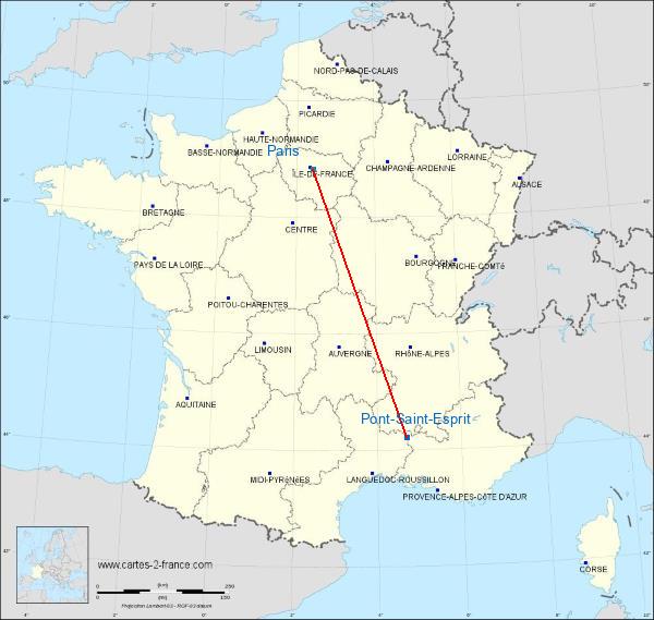 Distance Pont-Saint-Esprit Paris sur la carte de France
